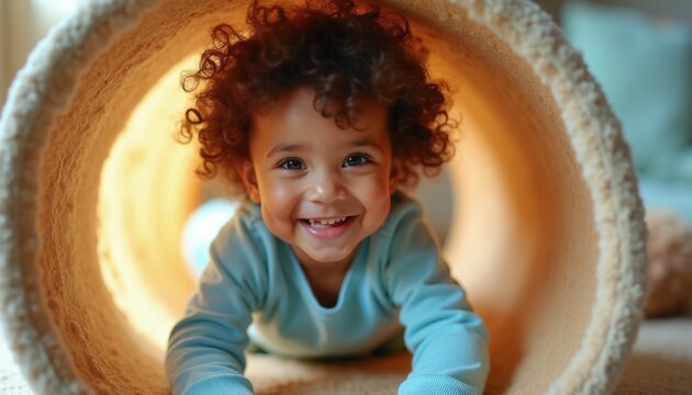 Happy toddler with curly hair crawls through soft play tunnel indoors. Child explores, laughs, develops motor skills in playful home environment. Early learning fun.