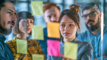 Fototapeta premium Professional Team Brainstorming Session with Sticky Notes and Transparent Board Focused colleagues working together in a bright office, discussing creative ideas while organizing s