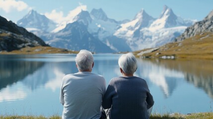 Fototapeta premium Rear view of an elderly couple sitting together, enjoying a serene mountain lake vista with snow-capped peaks in the background, retirement, nature, serenity