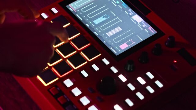 Close-up of a music producer's hands pressing vibrant glowing pads and adjusting parameters on the digital beatmaker. The interactive touchscreen display aids the workflow.