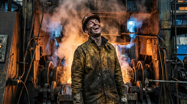 Steelworker laughing in front of industrial furnace. Caucasian man wearing protective helmet and dirty uniform at factory. Metal manufacturing plant, heavy industry production environment