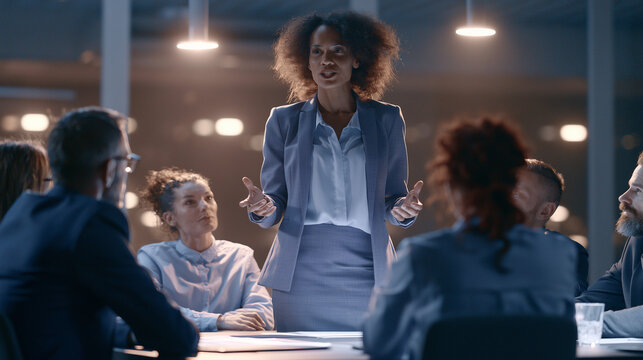 Professional Woman Leading Business Discussion During Evening Corporate Meeting Confident diverse female speaker engaging a group of business professionals during a late-night stra