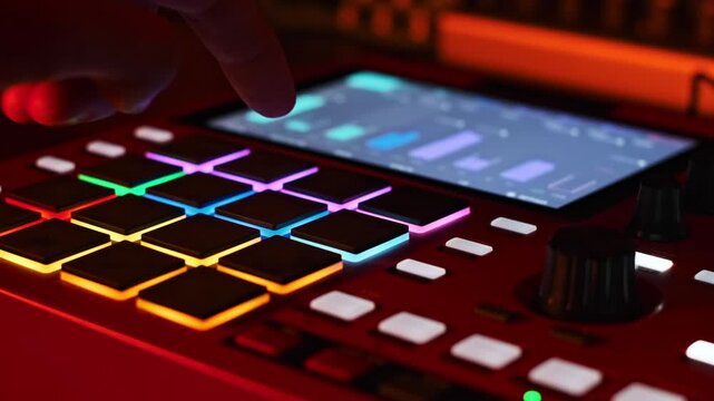 Close-up of a musician's hand pressing vibrant illuminated pads on a red beatmaker. The electronic music is created in a dimly lit studio environment with dynamic lighting.