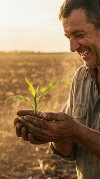 Farmer holding small green corn plant in hands over cultivated field. Agricultural worker checking crop development in soil. Sustainable farming, agronomy and earth day concept