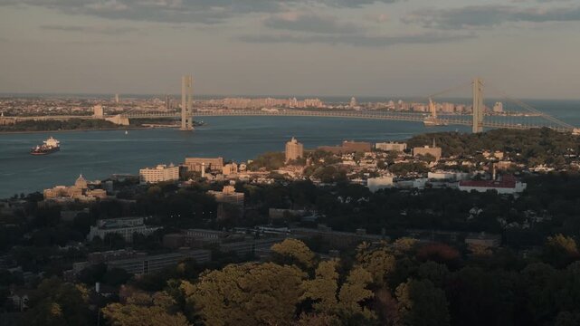 Drone shot of the Verrazano Bridge at sunset
