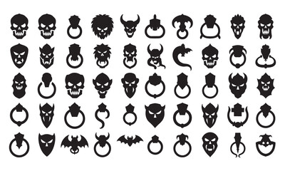 Fototapeta premium Collection of black silhouettes featuring ornate door knockers, skull shapes, demon faces, and bat isolated on a white background, for gothic or, halloween themed projects