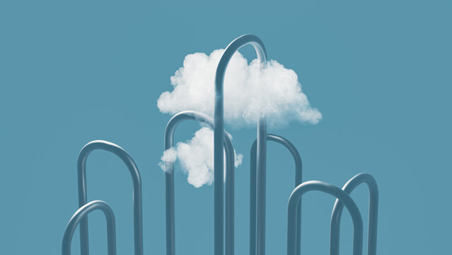 Two clouds float above curved lines representing technology
