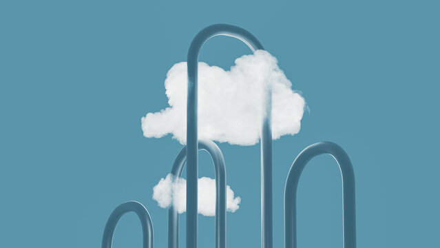 Two clouds float above curved lines representing technology