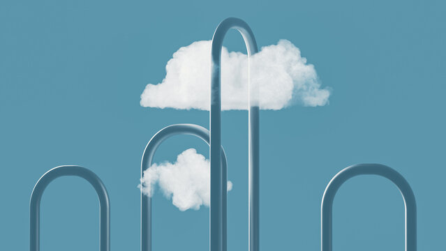 Two clouds float above curved lines representing technology