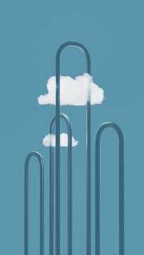 Two clouds float above curved lines representing technology