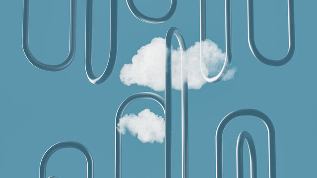 Two clouds float above curved lines representing technology