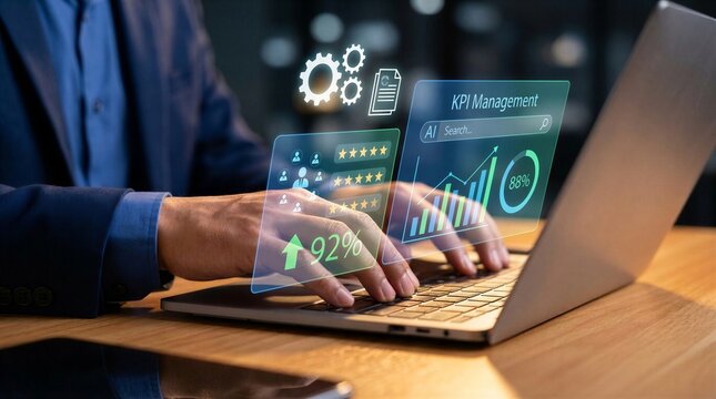 AI-driven KPI management and workforce performance analytics. Businessman using laptop with smart evaluation dashboard, employee rating metrics, and automated workflow data for operational optimizati