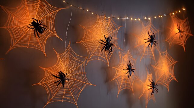 Many spooky spider web decorations with plastic spiders and string lights are hanging in a dark room.