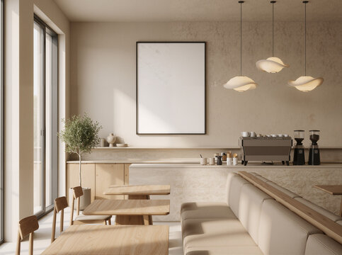 Caf&eacute; Canvas: A1 Poster on Plaster Wall Anchors a Quiet Luxury Coffee Shop&mdash;Oak, Travertine, and Warm Light Craft a 8K Premium Branding Backdrop