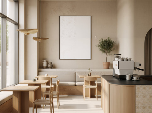 Caf&eacute; Canvas: A1 Poster on Plaster Wall Anchors a Quiet Luxury Coffee Shop&mdash;Oak, Travertine, and Warm Light Craft a 8K Premium Branding Backdrop