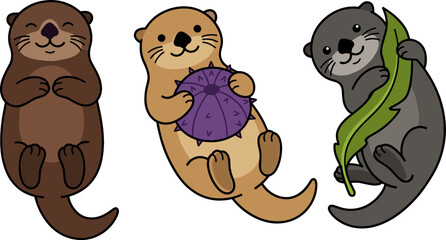 Flat Vector Illustration of Cute Cartoon Sea Otters Floating On Water Holding Sea Urchin and Kelp Leaf © MdMostakin