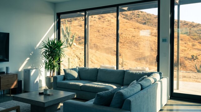 Modern living room with large windows overlooking a desert landscape with cacti and mountains