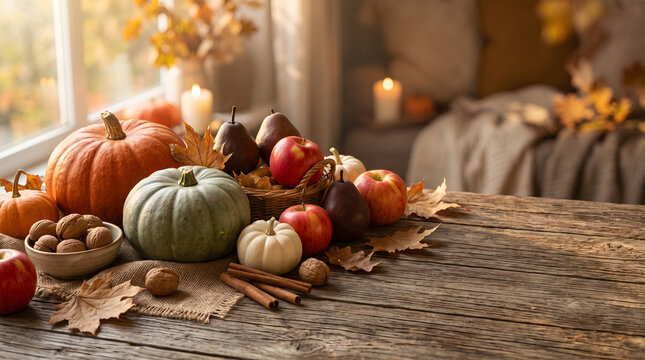 Fall pumpkins and fruit on rustic wooden table with copy