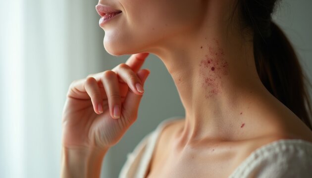Woman neck shows skin imperfections like birthmarks and pigmentation spots. Close view reveals textured skin surface. Health and beauty concepts relate to dermatology.