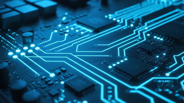 A circuit board is illuminated with glowing blue pathways and components