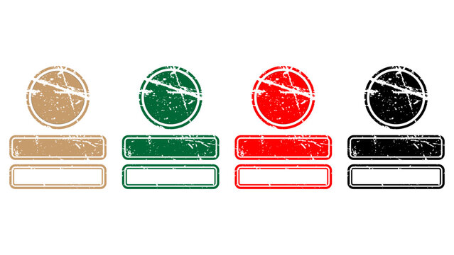 Collection of vintage distressed rubber stamp badge templates with circular and rectangular designs in beige, green, red, and black on a white background