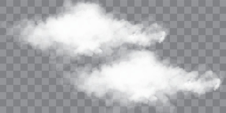 Realistic white fluffy clouds with fog or light smoke effect on a transparent background. Misty atmosphere element for overlaying on images, dramatic scenes or weather visual effects. Vector.