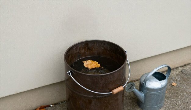 Rainwater collection and garden watering: bucket and galvanized watering can