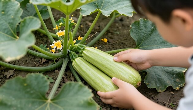 Child holding fresh green zucchinis near a leafy squash plant with yellow blossoms, in a natural garden setting
