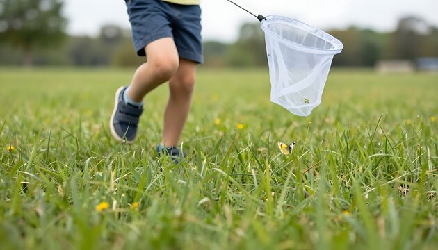 Child running with a butterfly net across a lush green meadow, chasing a small yellow‑and‑black butterfly