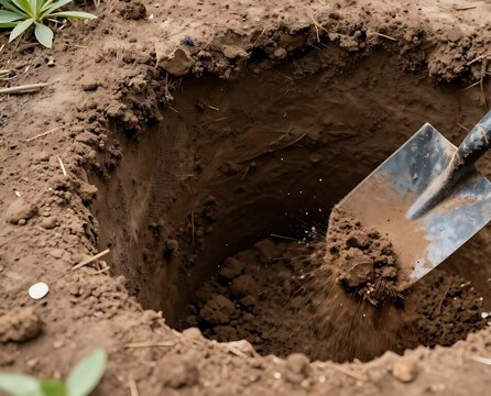 Close‑up of a shovel digging into dark brown soil, carving out a round pit with textured earthen walls and sprouting green plants nearby