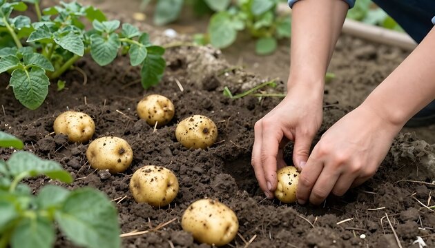 A person digs up new potatoes in a garden bed. 