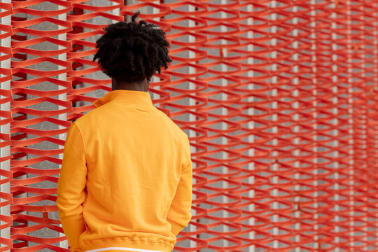 Person in colorful sweatshirt facing artistic wall