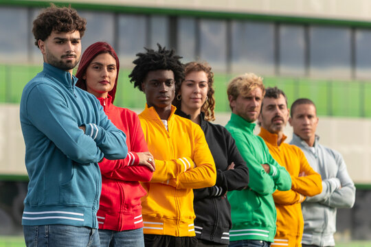 Diverse group sporting vibrant full zip sweatshirts