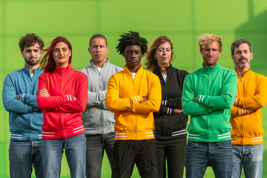 Diverse group in colorful full zip sweatshirts
