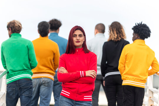 Colorful full zip sweatshirts in a group setting