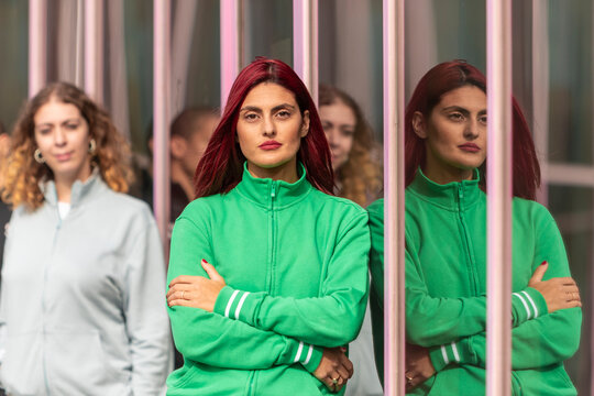 Reflective moment in colorful zip sweatshirt