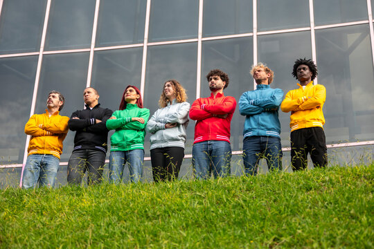 Diverse group in colorful full zip sweatshirts