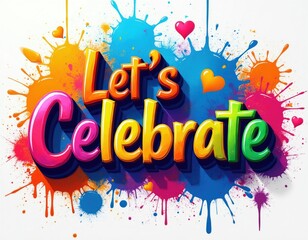Fototapeta premium Colorful text Lets Celebrate with paint splashes and hearts. Fun artistic design for party invitations, greeting cards, or event posters. Dynamic illustration for happy occasions.