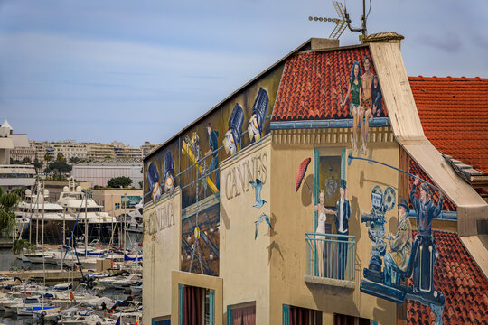 Cinema themed mural with iconic Movie characters and film scenes, Cannes, France