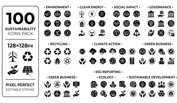 100 Sustainability and ESG Solid Icons Pack. Environmental Protection, Renewable Energy, CSR and Green Business Vector Collection