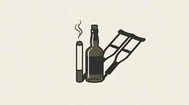 Minimalist illustration of a cigarette with smoke, an alcohol bottle, and a pair of crutches, symbolizing destructive bad habits and addiction dependencies.
