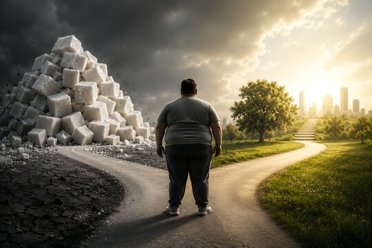 Conceptual illustration of an overweight man standing at a crossroads, choosing between a dark path with a pile of sugar cubes and a bright path leading to a green city.