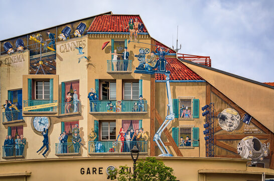 Cinema themed mural with iconic Movie characters and film scenes, Cannes, France