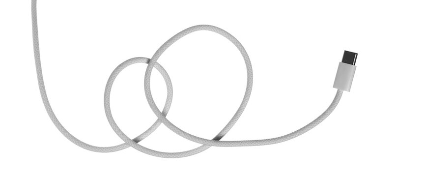USB C Cable twisted flying, isolated on white background, clipping path