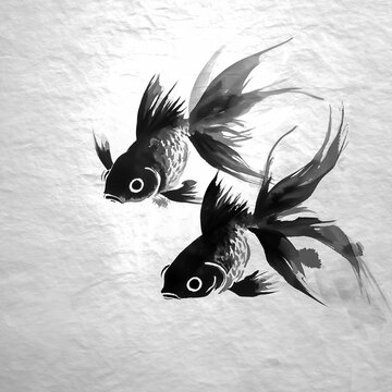 泳ぐ金魚 夏の墨絵イラスト