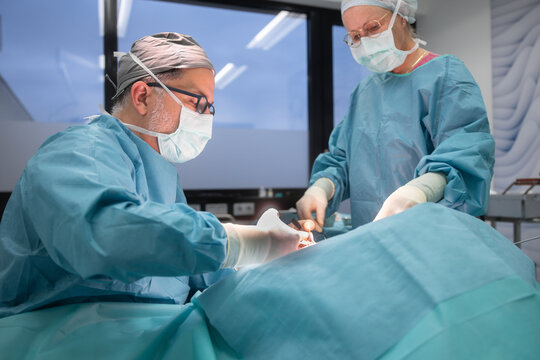 Surgeons performing breast reduction surgery