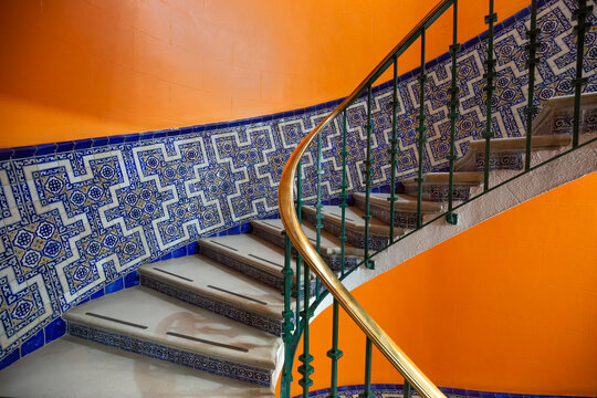 Colorful Mexican colonial staircase with Talavera tile