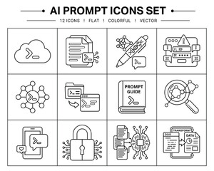 Fototapeta premium AI Prompt Outline Icons Set – Prompt Engineering, Artificial Intelligence Workflow, Chatbot, Editable Line Vector Icon Collection