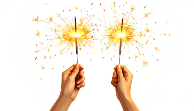 Two pairs of hands holding brightly burning golden sparklers creating a festive shower of bright embers&nbsp;&nbsp;