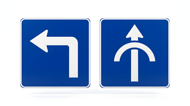 Traffic signs, directional arrows, road signs, blue and white, transportation symbols, navigation icons isolated on White Background